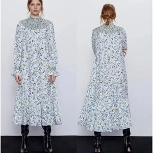 Zara Blogger Fave Printed Rustic Smocked High Neck Floral Midi Dress